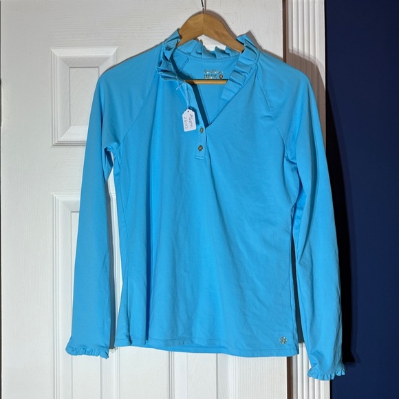 Lilly Pulitzer Shirt Womens Seabreeze Blue Luxletic Hutton Polo UPF 50+ -size M - Picture 4 of 4